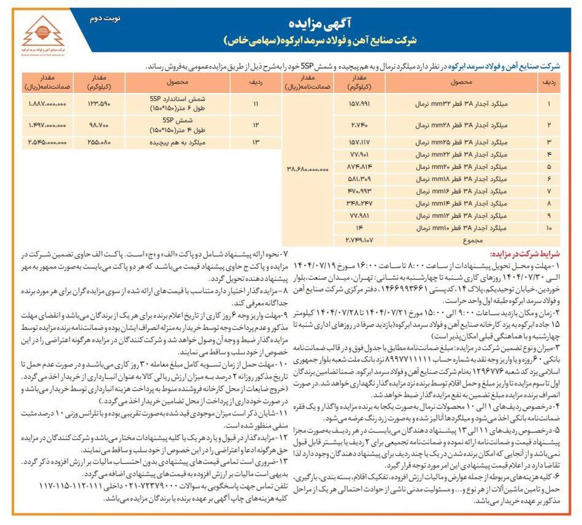  آگهی مزایده عمومی فولاد سرمد ابرکوه 