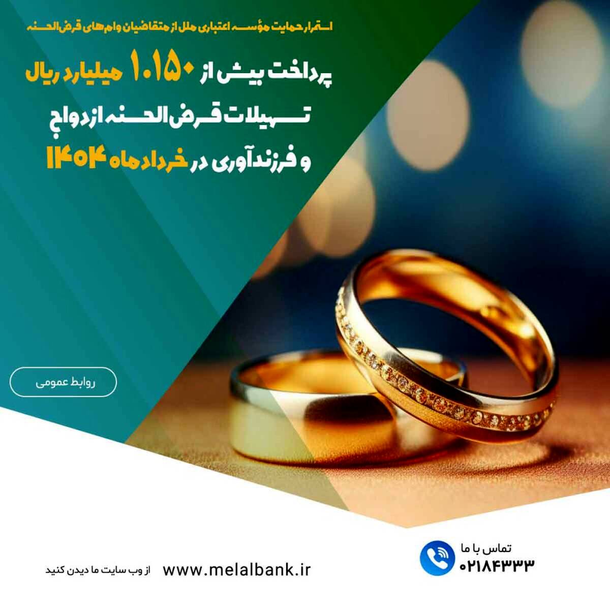 پرداخت بیش از ۱.۱۵۰ میلیارد ریال تسهیلات قرض‌الحسنه ازدواج و فرزندآوری در خردادماه ۱۴۰۴