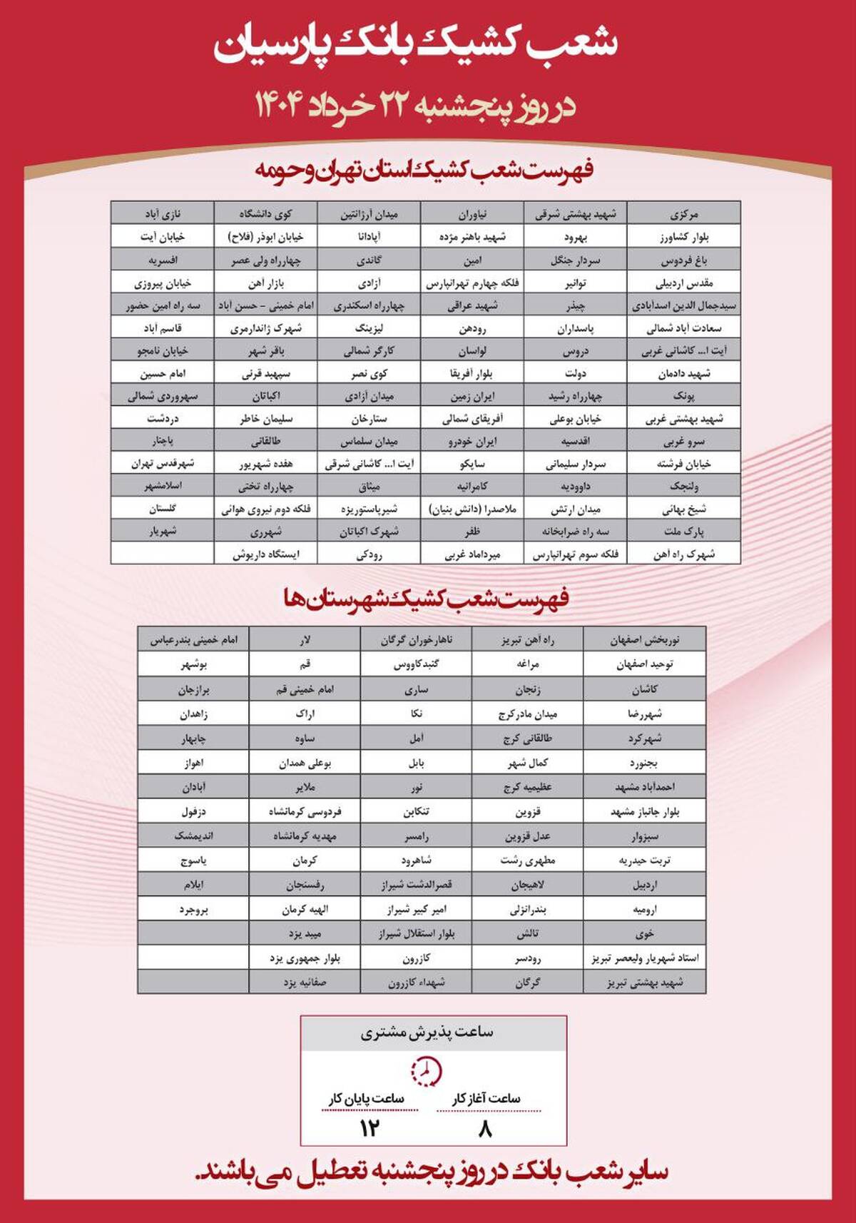  فهرست شعب کشیک بانک پارسیان در روز پنجشنبه مورخ ۲۲ خرداد‌