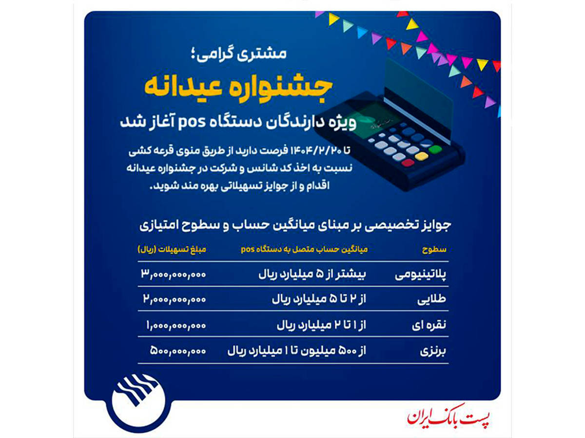 جشنواره عیدانه باشگاه مشتریان پست بانک ایران ویژه دارندگان دستگاه پوز با جوایز ویژه آغاز شد