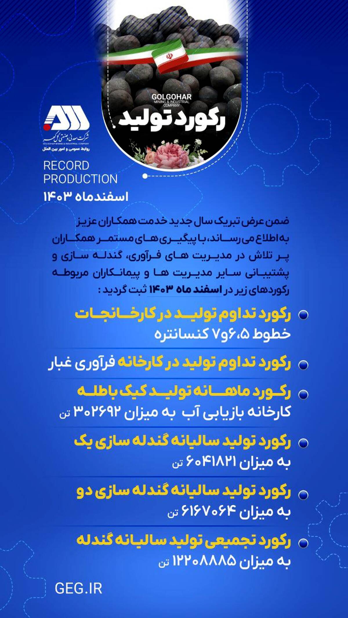 رکود تولید  شرکت معدنی و صنعتی گل گهر در اسفندماه 1403(اینفوگرافی)