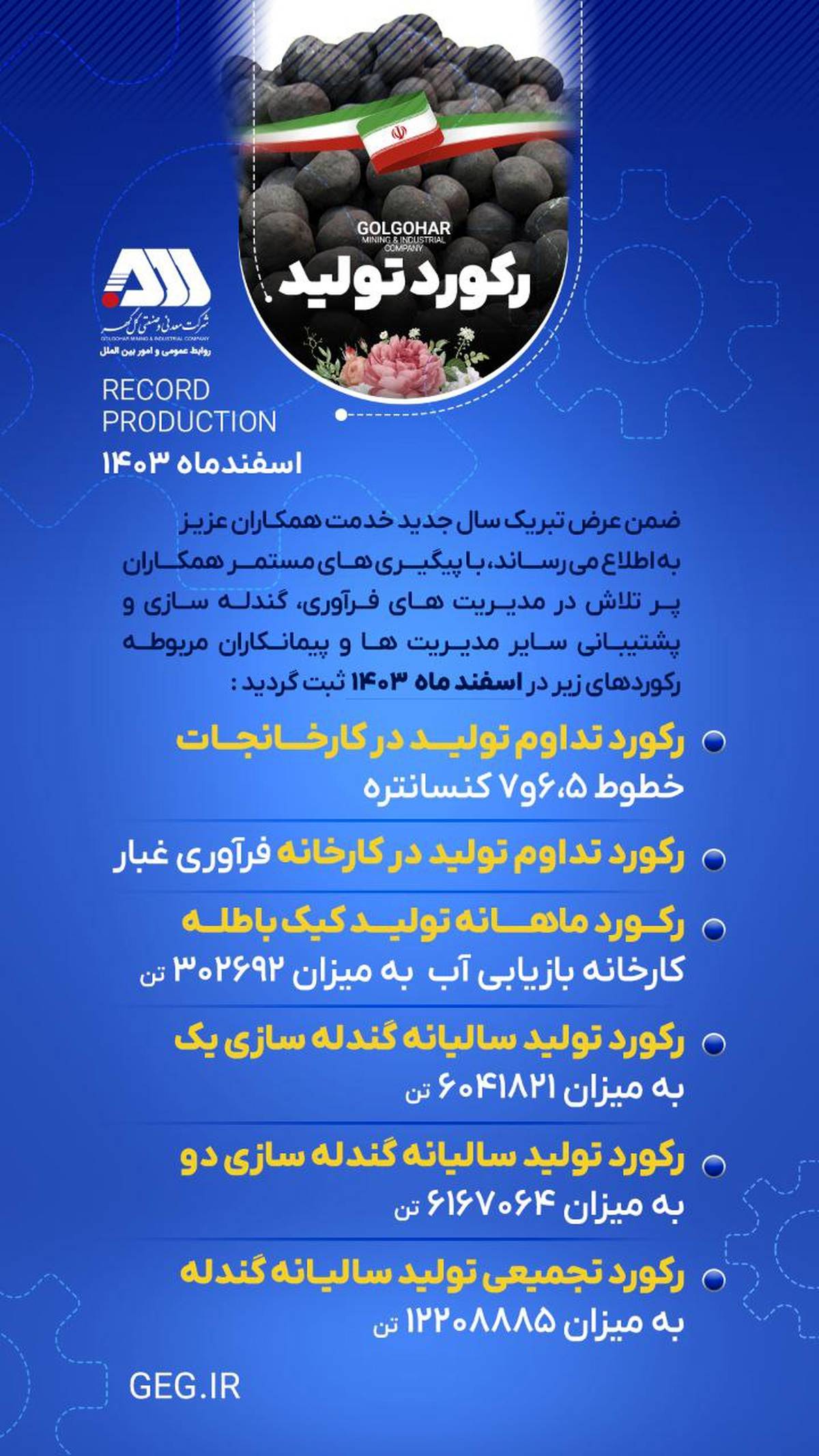 رکود تولید  شرکت معدنی و صنعتی گل گهر در اسفندماه 1403(اینفوگرافی)