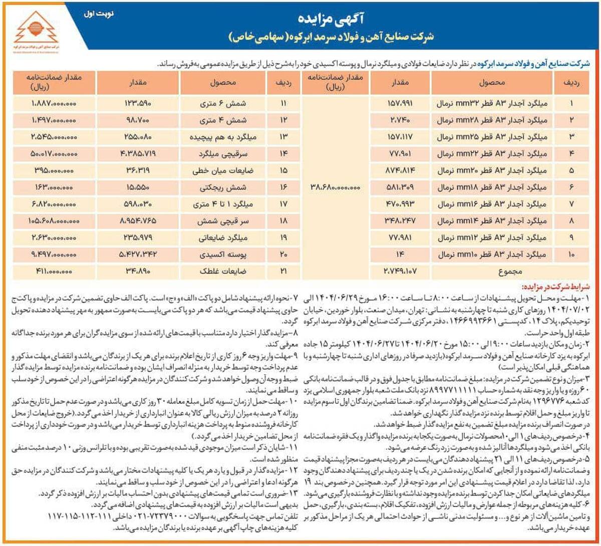  آگهی مزایده شرکت فولاد سرمد ابرکوه 