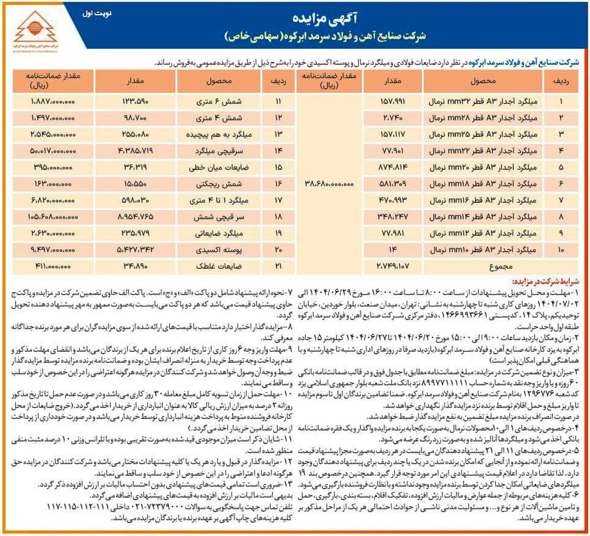  آگهی مزایده شرکت فولاد سرمد ابرکوه 
