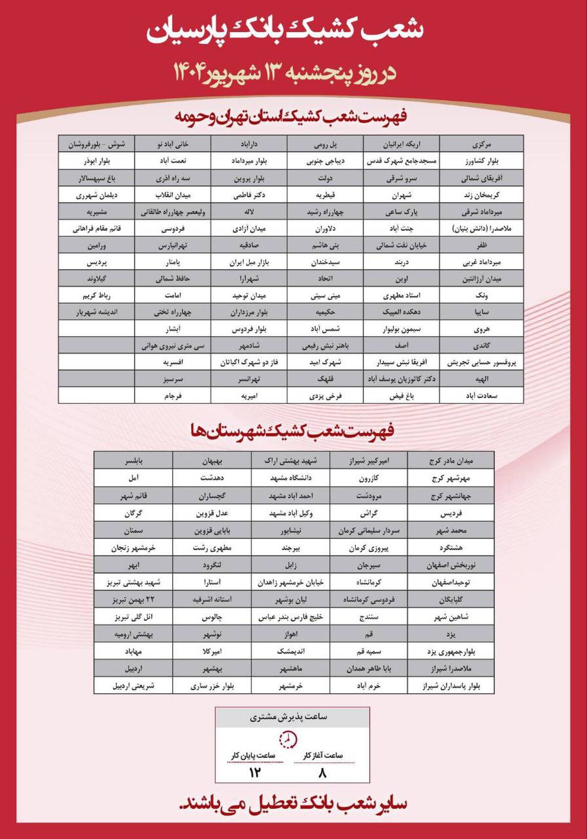 فهرست شعب کشیک بانک پارسیان در روز پنج‌شنبه مورخ ۱۳ شهریورماه