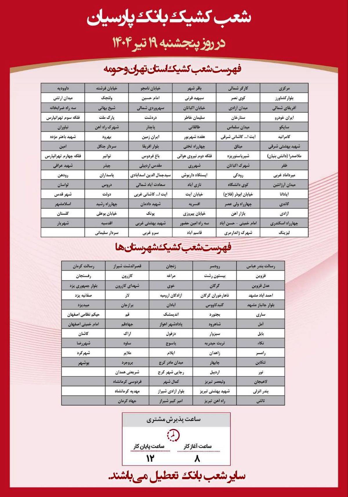 فهرست شعب کشیک بانک پارسیان در روز پنجشنبه مورخ ۱۹ تیرماه