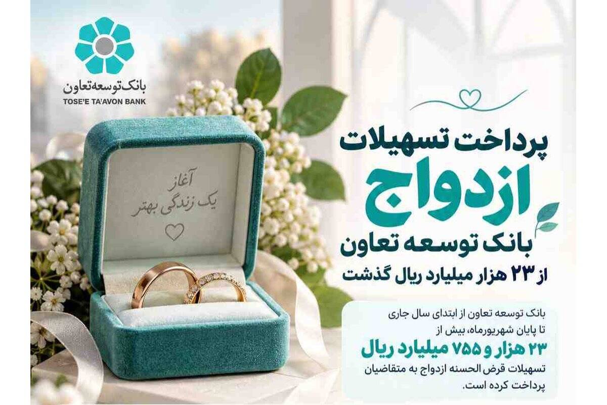 پرداخت تسهیلات ازدواج بانک توسعه تعاون از ۲۳ هزار میلیارد ریال گذشت