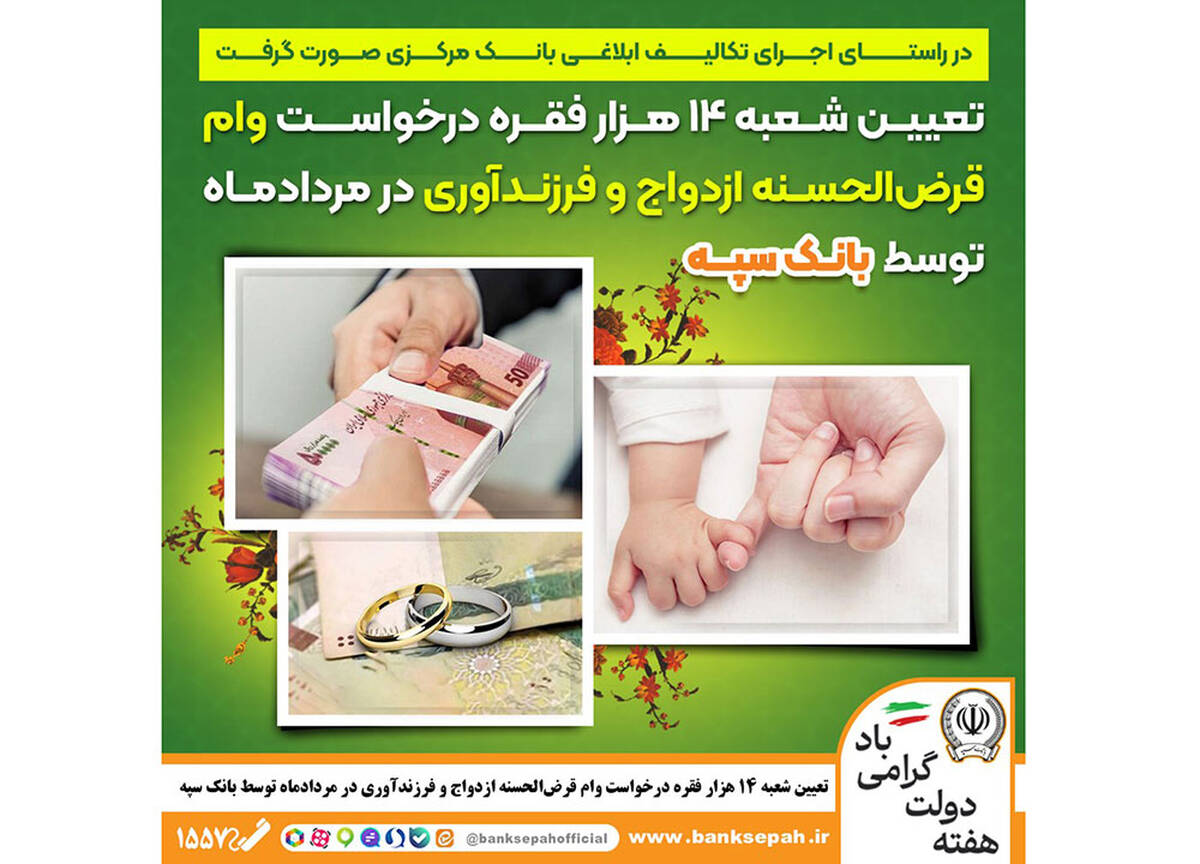 تعیین شعبه 14 هزار فقره درخواست وام‌ قرض‌الحسنه ازدواج و فرزندآوری در مرداد‌ماه توسط بانک سپه