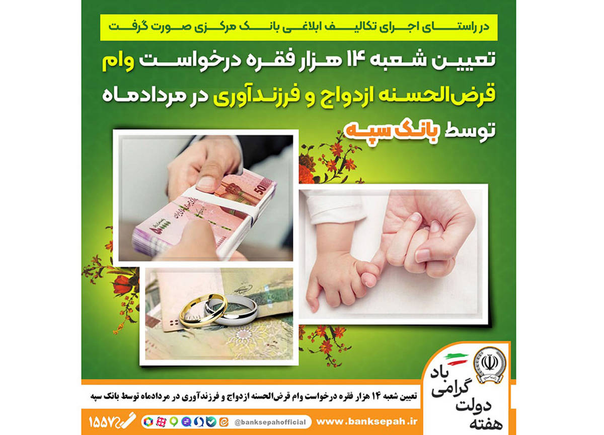 تعیین شعبه 14 هزار فقره درخواست وام‌ قرض‌الحسنه ازدواج و فرزندآوری در مرداد‌ماه توسط بانک سپه