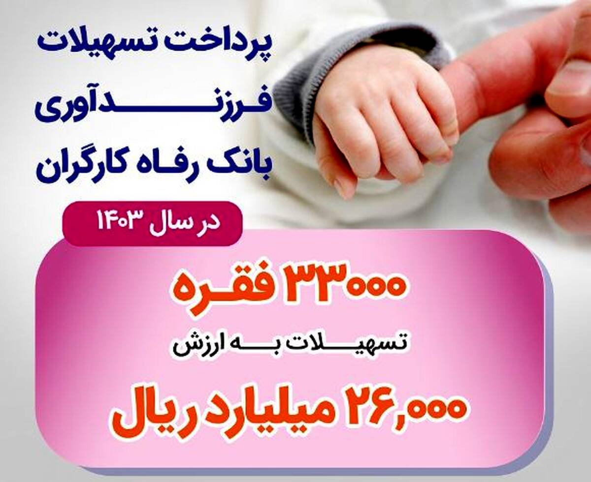 پرداخت بیش از ۲۶ هزار میلیارد ریال تسهیلات قرض‌الحسنه فرزندآوری توسط بانک رفاه کارگران