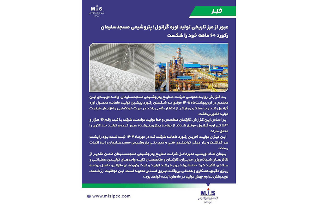 پتروشیمی مسجدسلیمان رکورد ۶۰ ماهه خود را شکست