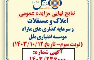 
صورتجلسه اعلام برندگان مزایده املاک مازاد موسسه اعتباری ملل (نوبت سوم) سال 1403